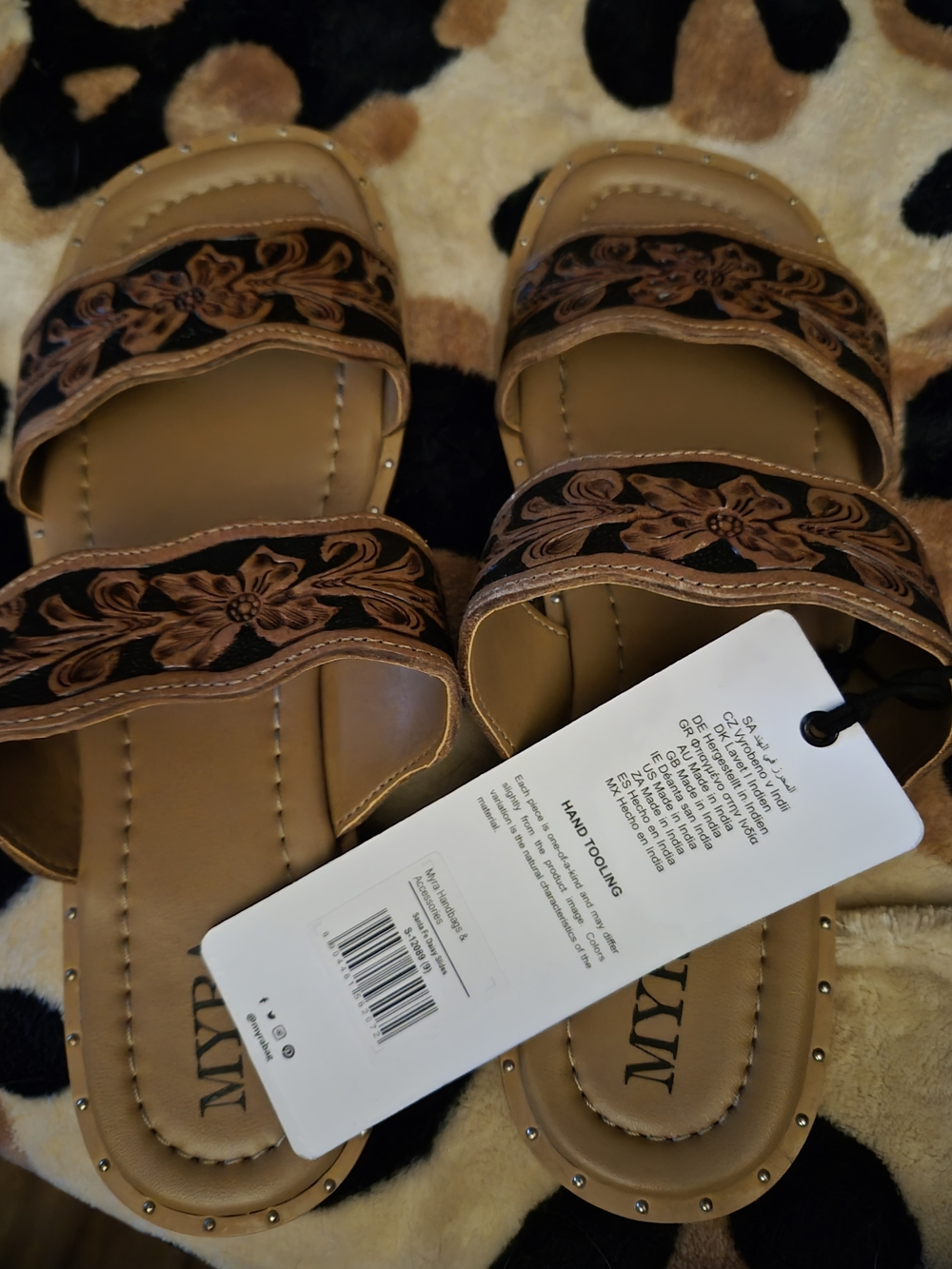 Myra Bag Tan Floral Double-Strap Slide Sandals